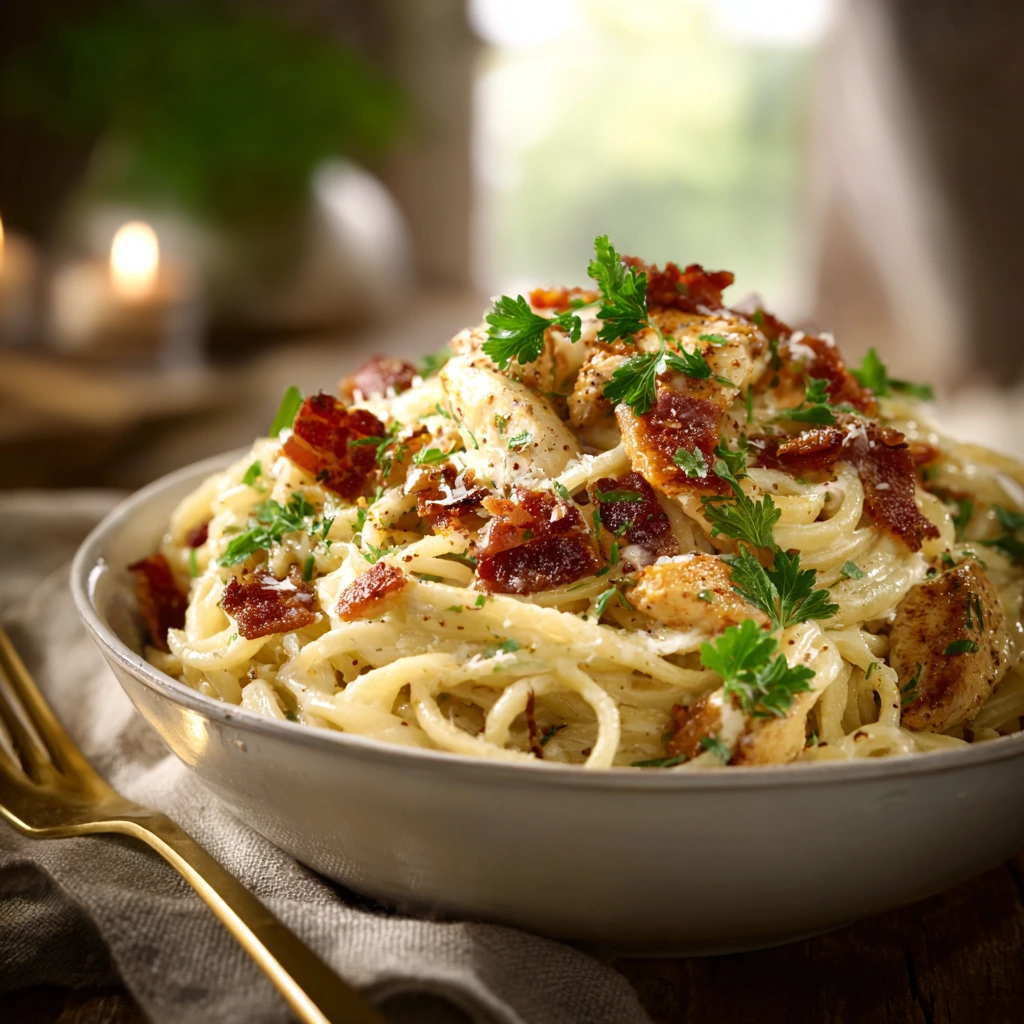 Chicken Carbonara Recipe in creamy sauce topped with bacon and Parmesan